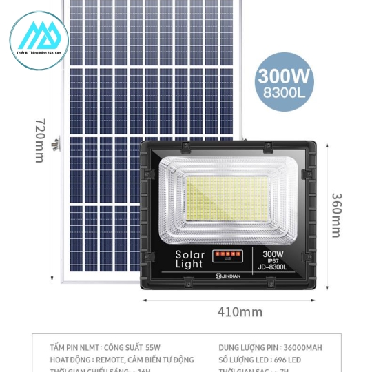 Đèn pha năng lượng mặt trời 300W JinDian JD-8300L